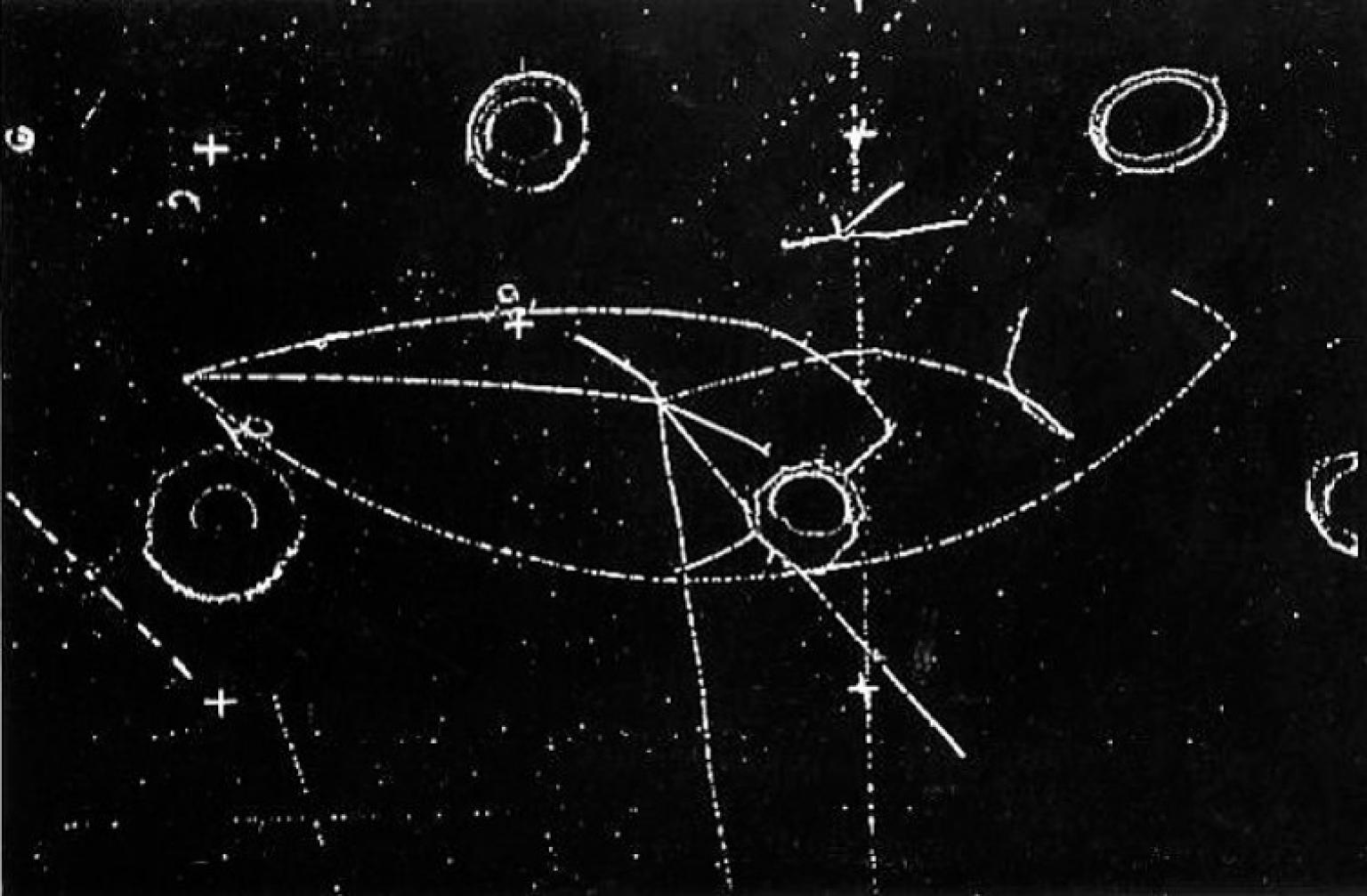 Photograph of traces left by the passage of particles. Analysis reveals that this is a "neutral current candidate".