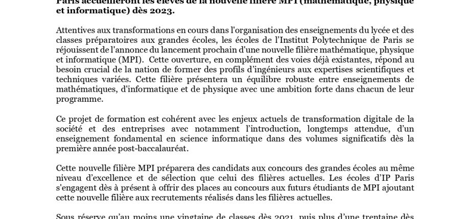 Les 5 écoles de l’Institut Polytechnique de Paris accueilleront les élèves de la nouvelle filière MPI dès 2023